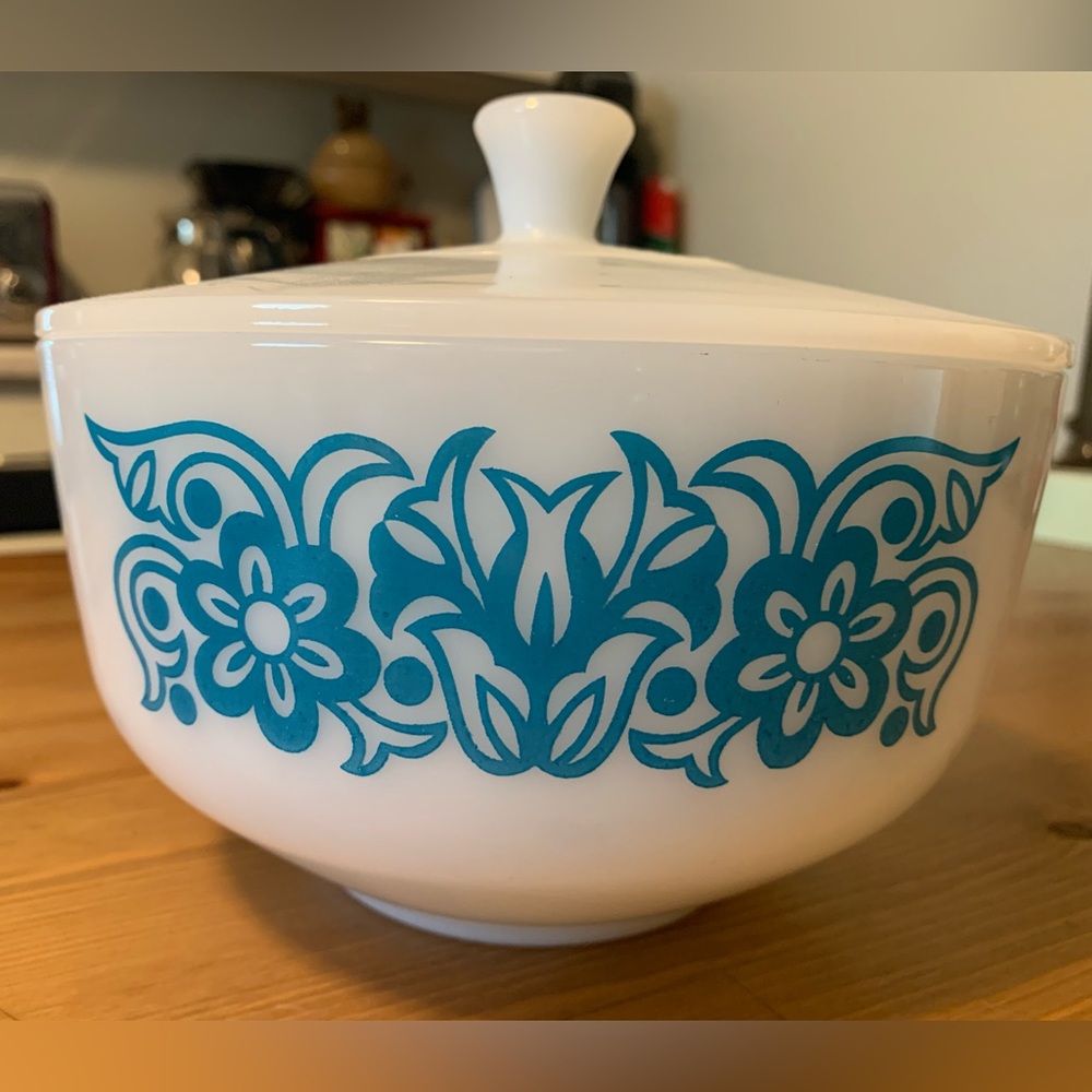 Vintage Federal Milk Glass Blue Floral Scroll Bowl with Lid